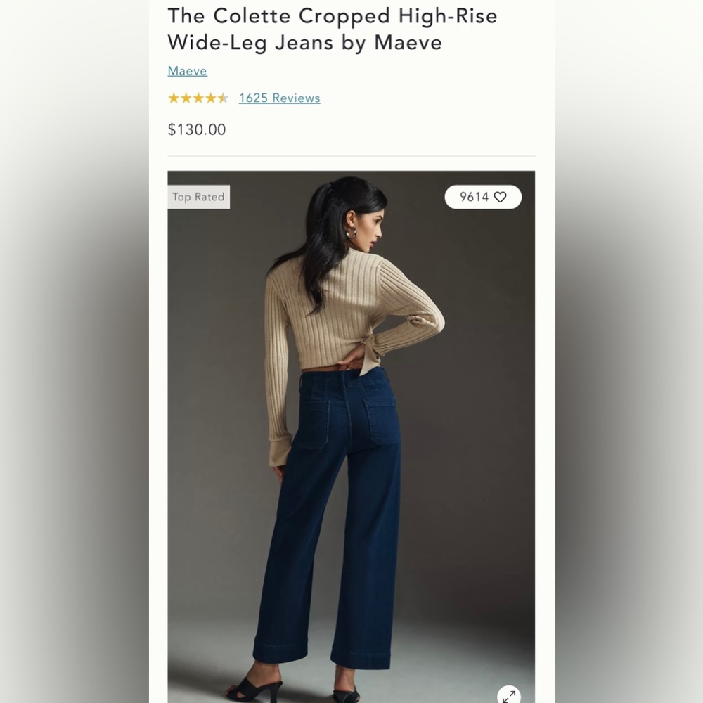Anthropologie Colette Cropped High-Rise Wide-Leg Jeans by Maeve Size 32